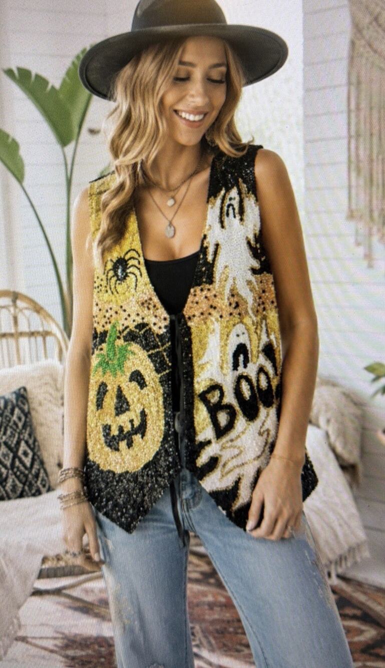 Vintage Fashion spider ghost Vest Sequined Halloween Vest small pumpkin boo